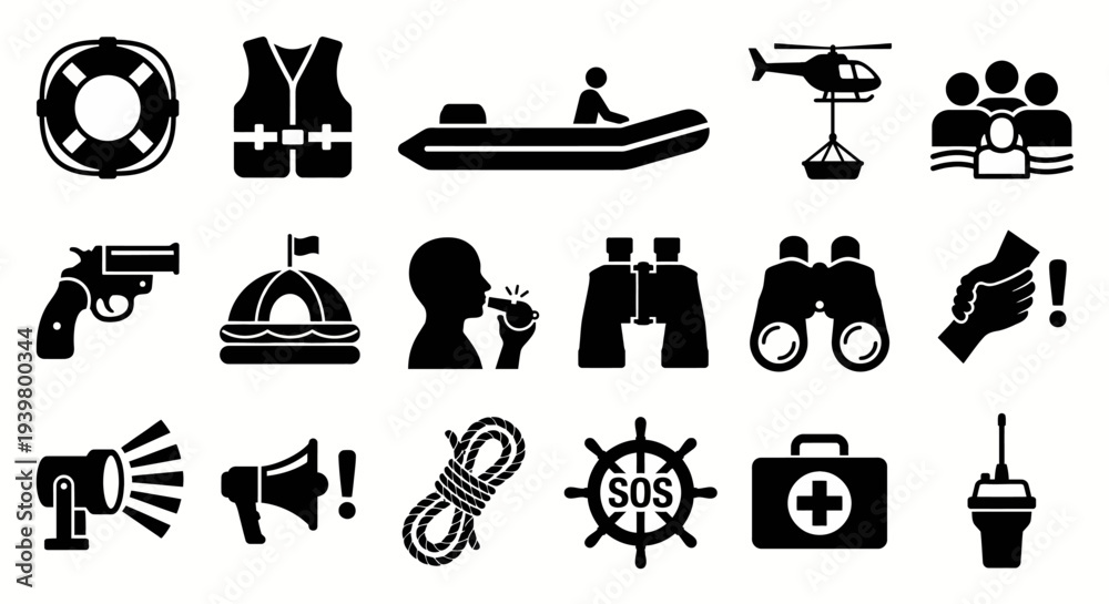 Φωτογραφία Solid black icons for maritime safety and sea rescue