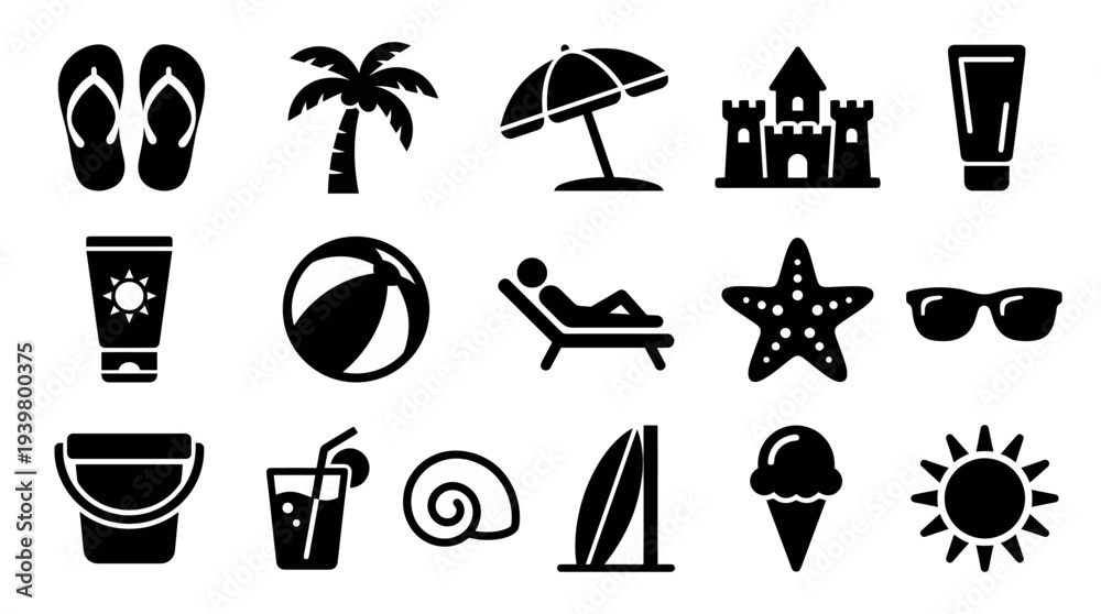 Fototapeta premium Solid black icons for beach life and coastal leisure. Summer vacation, tropical relaxation, and seaside gear collection. Vector illustration for travel agencies, summer apps, and lifestyle blog concep