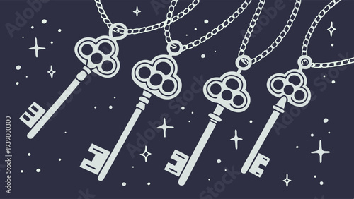Mystical Four Antique Keys on Chains for Secret Access Unlock Opportunity Success for Fantasy Web Design Projects