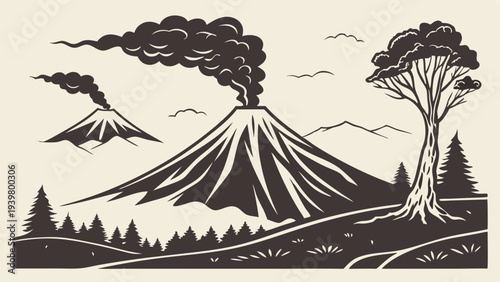 Volcanic Eruption Landscape Illustration for Disaster Planning Geology Education Travel Posters and Environmental Design Projects