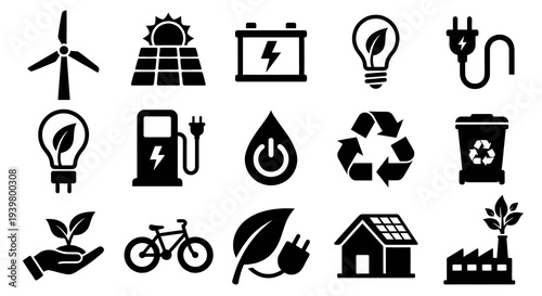 Solid black icons for renewable energy and sustainability. Solar panels, wind turbines, and green tech collection. Vector illustration for ecology apps, ESG reports, and clean energy branding concepts