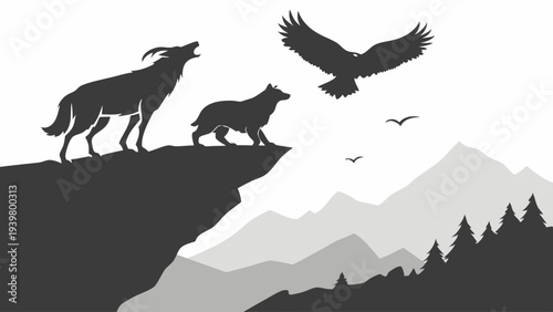 Majestic Wolves Howling on Cliff Edge with Eagle Soaring Over Rugged Mountain Wilderness Landscape for Adventure Branding