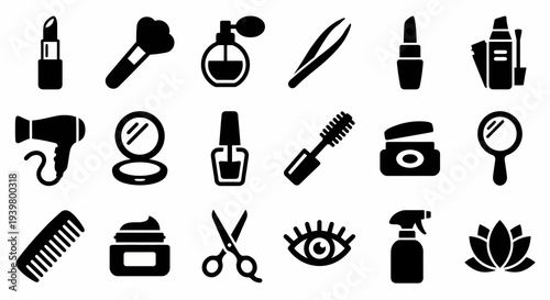 Solid black icons for beauty and cosmetics. Makeup tools, perfume, and hair care collection. Vector illustration for beauty salons, e-commerce stores, and personal care branding concepts. Black and wh