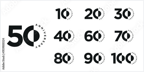 Collection of anniversary logo design. Celebration day special vector icon, 10 to 100 symbol graphic