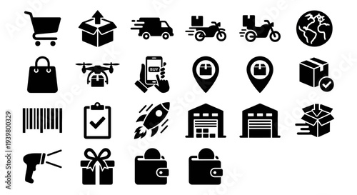 Solid black icons for e-commerce and delivery logistics. Shopping carts, shipping boxes, and courier transport collection. Vector illustration for online stores, tracking apps, and global trade concep