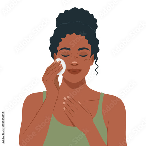 Black woman cleaning her face skincare concept flat design