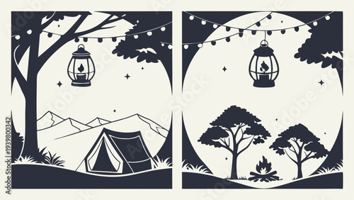 Rustic Camping Scene Silhouette with Tent Lantern Campfire Night Sky for Outdoor Adventure Travel Web Design Banners