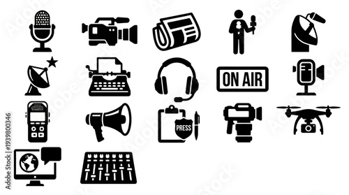 Solid black icons for journalism and broadcasting. Professional reporting, news media, and communication tools collection. Vector illustration for media apps, press release design, and journalism educ