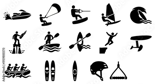 Solid black icons for extreme water sports and high-adrenaline aquatic activities. Jet ski, kitesurfing, and wakeboarding collection. Vector illustration for adventure travel, sports branding, and out