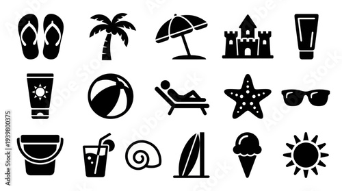 Solid black icons for beach life and coastal leisure. Summer vacation, tropical relaxation, and seaside gear collection. Vector illustration for travel agencies, summer apps, and lifestyle blog concep