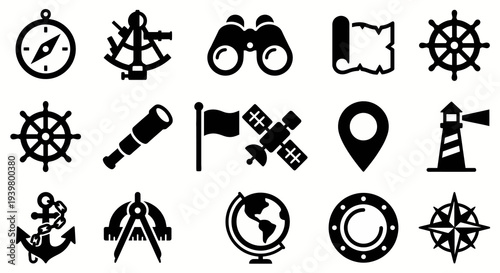 Solid black icons for maritime navigation and mapping. Nautical tools, GPS equipment, and orientation collection. Vector illustration for travel apps, naval history, and adventure exploration concepts
