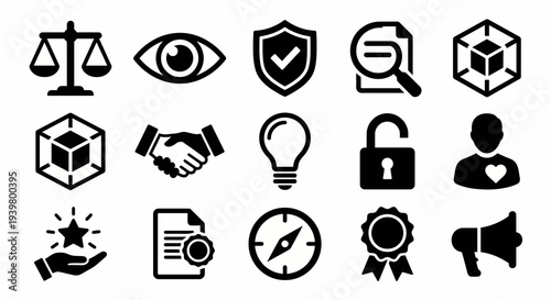 Solid black icons for corporate ethics and transparency. Integrity, audit tools, and honesty collection. Vector illustration for compliance software, legal services, and business accountability concep