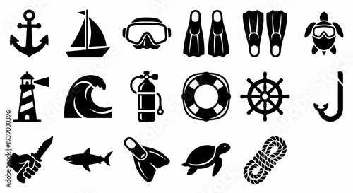 Solid black icons for marine activities and professional diving. Nautical gear, ocean wildlife, and underwater exploration collection. Vector illustration for travel apps, water sports branding, and m