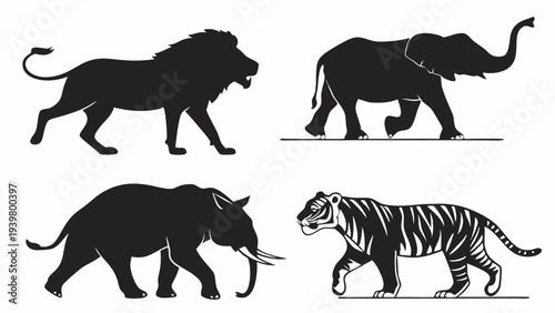 African Safari Wildlife Silhouettes Lion Elephant Tiger Walking for Zoo Education Zoo Web Design Vector Art