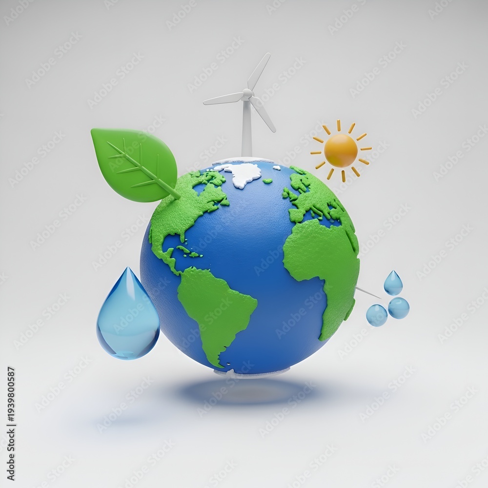 Naklejka premium Sustainability 3d Icon of the Planet Earth with Green Leaf Renewable Energy Windmill Sun and Water Drops for Environmental Protection and Eco Awareness