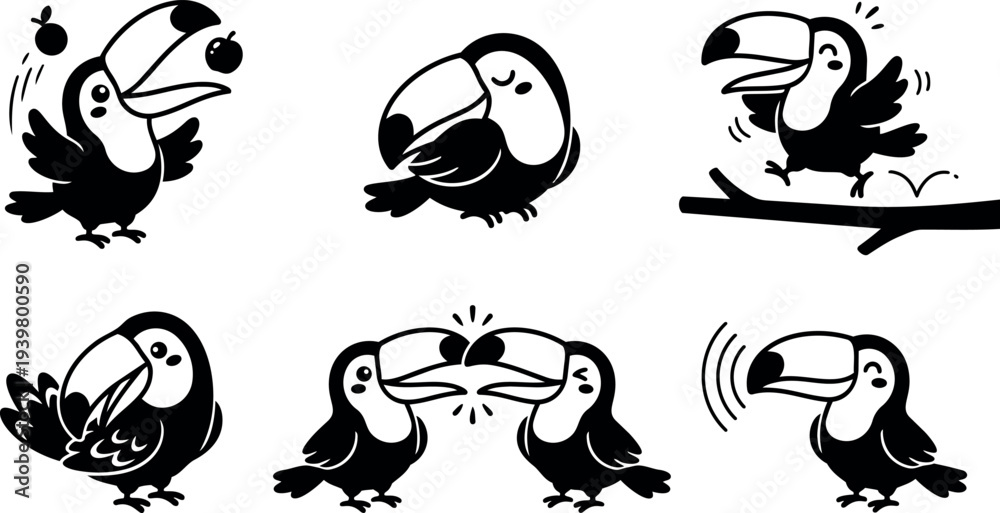 Obraz premium Flat vector set of playful toucan icons showing six poses including juggling fruit kissing and calling in simple black silhouette
