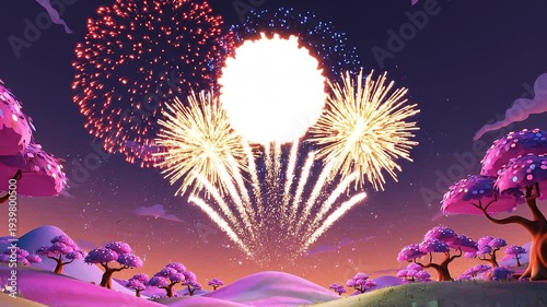 Colorful fireworks exploding in the night sky over a landscape