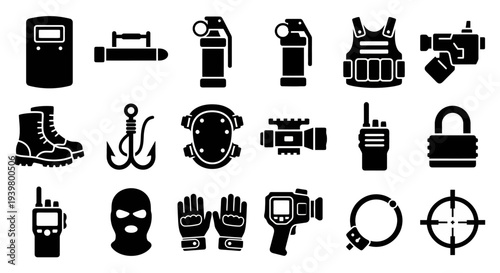Solid black icons for urban warfare and tactical combat. Swat gear, breaching equipment, and elite forces collection. Vector illustration for tactical training, security software, and modern military 
