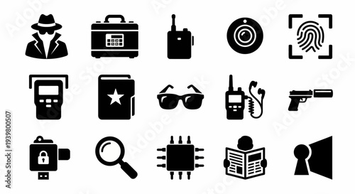 Solid black icons for espionage and secret operations. Spy gear, intelligence tools, and undercover mission collection. Vector illustration for security software, mystery gaming, and private investiga