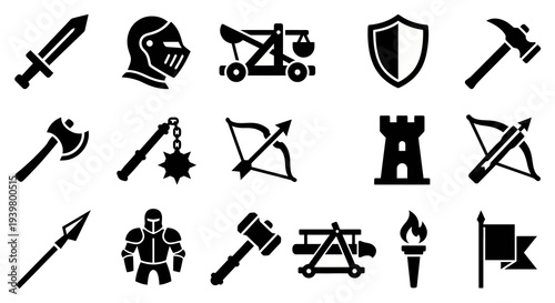 Solid black icons for ancient and medieval warfare. Knights, weapons, and castle defense collection. Vector illustration for history education, fantasy gaming, and museum exhibition concepts. Black an