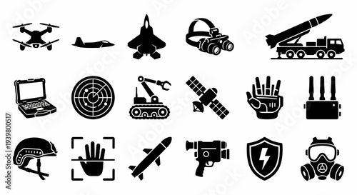 Solid black icons for modern warfare and defense technology. Drones, stealth aircraft, and high-tech military equipment collection. Vector illustration for futuristic defense, cyber warfare, and tacti