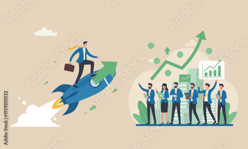 Financial, innovatio rising teams together growing business for success concept, businessman riding rocket booster with growth arrow.