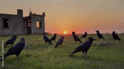 Crows gather in abandoned field at sunset