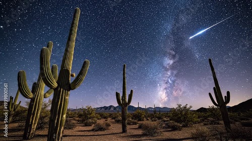 Desert landscape with cacti under starry night sky and moon