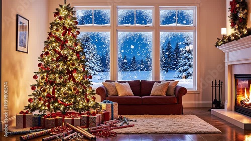 Cozy living room interior with Christmas tree by window and fireplace
