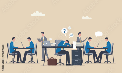 Quiet quitting, work boredom or morality, exhaustion or burn out from hard work without recognition concept, unhappy businessman sleeping while working at busy workplace.