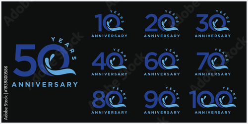 Collection of number 10 to 100 anniversary logo design. Abstract blue sea waves vector symbol icon concept