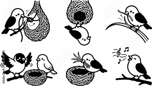 Line art nesting bird icon set showing small birds building nests feeding fledglings gathering twigs and singing on branches silhouette