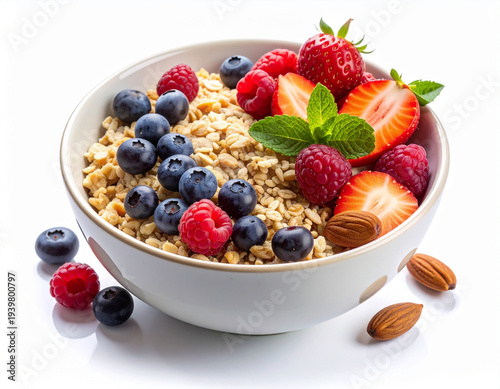 Deconstructed bowl with fiberrich oats, fresh berries, and nuts on a clean white background in a studio.