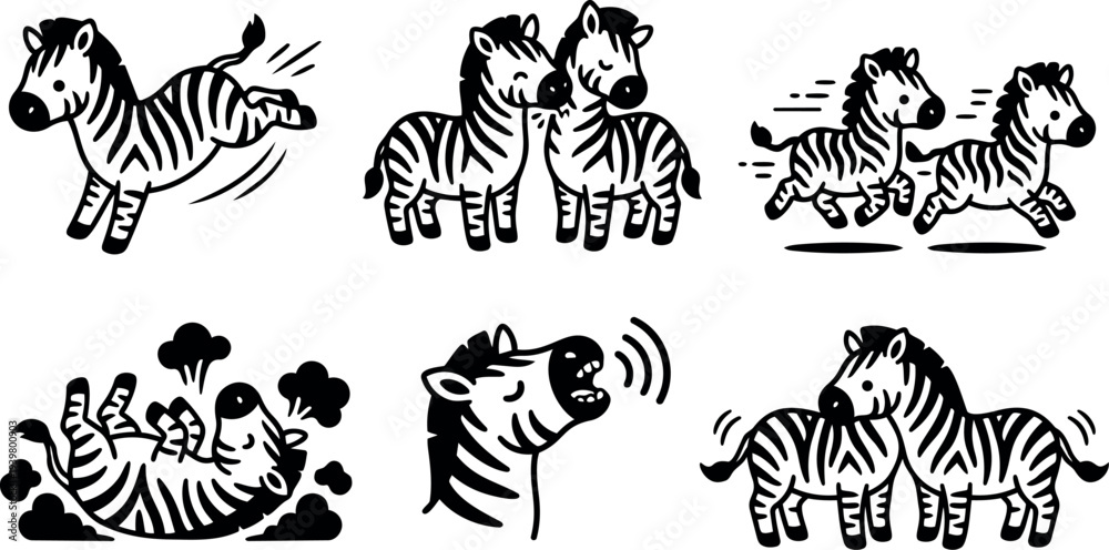 Obraz premium Cartoon line art set of six playful zebra icons showing kicking nuzzling running rolling neighing side view minimal vector illustration