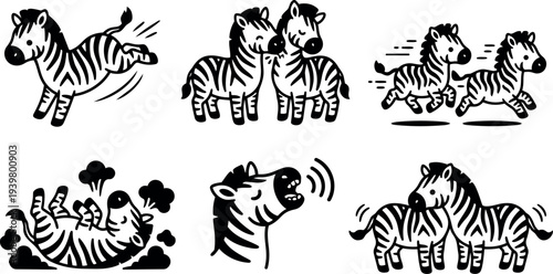 Cartoon line art set of six playful zebra icons showing kicking nuzzling running rolling neighing side view minimal vector illustration