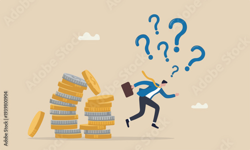 Financial instability market situation or economic recession, crisis or bankruptcy concept, businessman investor falling from stack of unstable money coins.