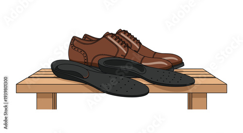 A pair of brown leather dress shoes with brogue detailing rests on a light brown wooden pallet above two black perforated shoe insoles.