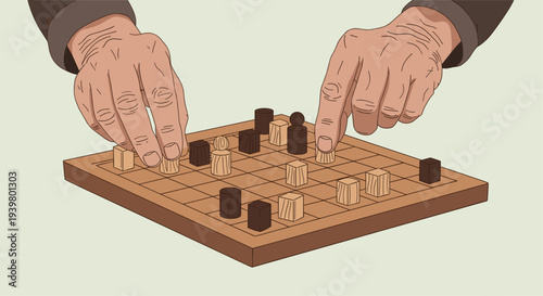 A pair of hands with visible wrinkles are positioned over a wooden chessboard, actively moving light and dark brown wooden chess pieces.