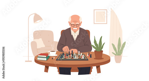 An elderly man with white hair and glasses is seated at a round wooden table, intently playing a game of chess in a cozy room.