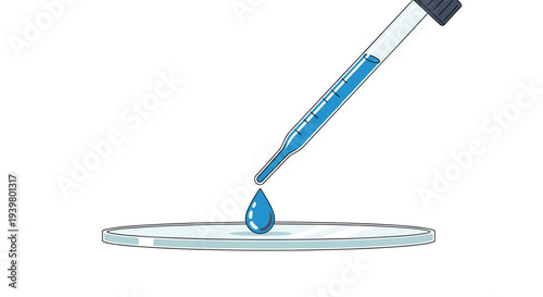 A vibrant blue liquid droplet is depicted falling from the tip of a clear glass pipette onto a transparent circular petri dish.