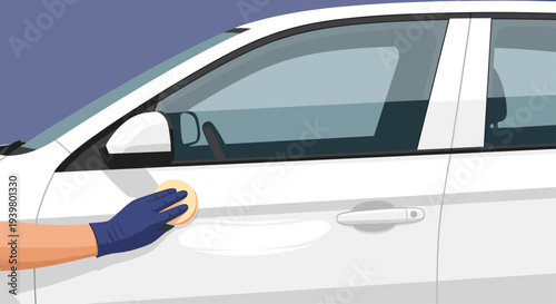 A gloved hand wearing a dark blue nitrile glove is meticulously applying a circular beige polishing pad to the white side panel of a car.