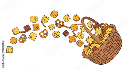 A brown wicker basket, tilted to the right, spills a dynamic stream of assorted golden-brown crackers and pretzels across a white background.