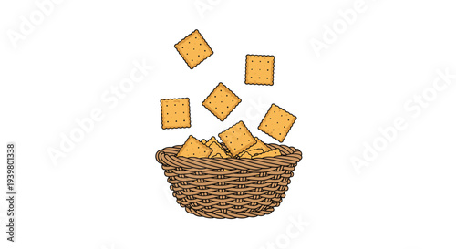 Several square crackers with small holes are depicted falling into and resting inside a woven brown wicker basket on a plain white background.