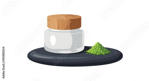 A clear glass jar with a wooden lid sits on a dark plate beside a small pile of vibrant green powder.