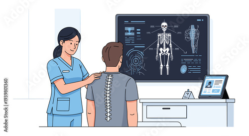 A female nurse examines a male patient's spine while a large monitor displays a detailed human skeleton and medical information.