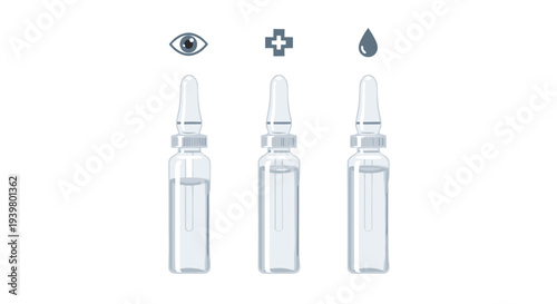 Three identical clear glass ampoules filled with transparent liquid are vertically aligned with associated medical icons above them.