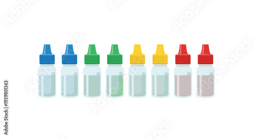 A horizontal row of seven small, clear plastic eye drop bottles with colorful caps stands against a pristine white background.