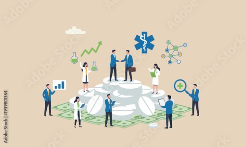 Merger or,meeting teams together miniature businessman shaking hand standing on white tablet pills on US dollar banknotes, success in medical research deal