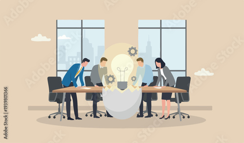 : New creative innovation or solution business, entrepreneurship startup concept, businessman meeting team entrepreneur hatching egg with lightbulb inside