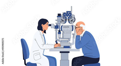 A female ophthalmologist in a white lab coat performs an eye examination on an elderly male patient using specialized equipment.